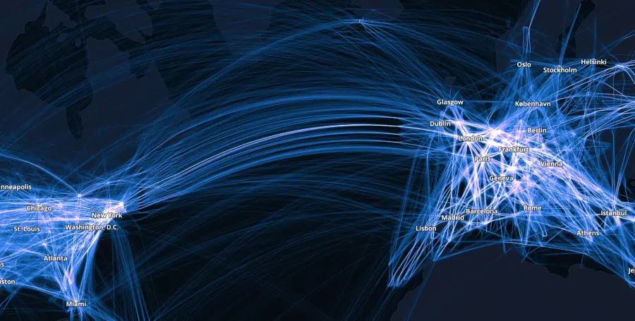 An image showing many lines between Europe and North America