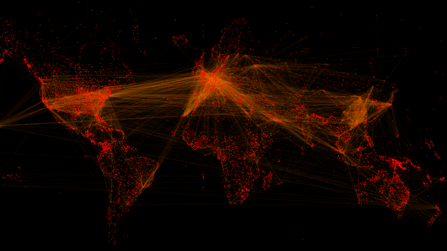 A map of the world showing the locations of airports and lines between them for airline routes